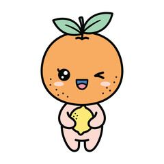 A cheerful cartoon character with an orange for a head and a slice of bread in hand
