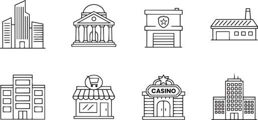 Obraz premium black and white line drawing of various buildings and casinos, including a bank, shopping center, and skyscrapers, cityscape icons set