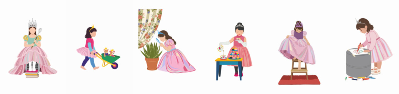 Princess Playtime: A whimsical collection of young girls dressed as princesses engaging in imaginative activities, from tea parties and explorations to creative arts and royal chores.