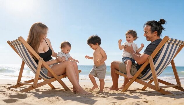 Family stock video inspired by the reference image a young family of four relaxing on striped deck chairs at a sunny tropical beach, the parents seated facing each other while the two small