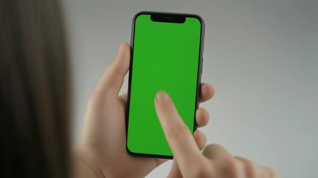 Detailed 4k footage of a person's finger interacting with a smartphone, tapping and swiping on a vibrant green screen. Perfect for app demos and UI mockups.