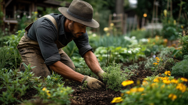 A gardener in a sun hat and overalls carefully planting green seedlings into rich soil within a vibrant, lush garden.