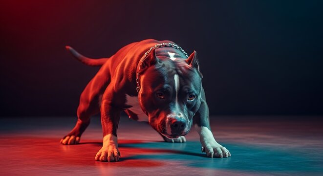 Intense pit bull dog with muscular build and chain collar in dramatic red and blue lighting