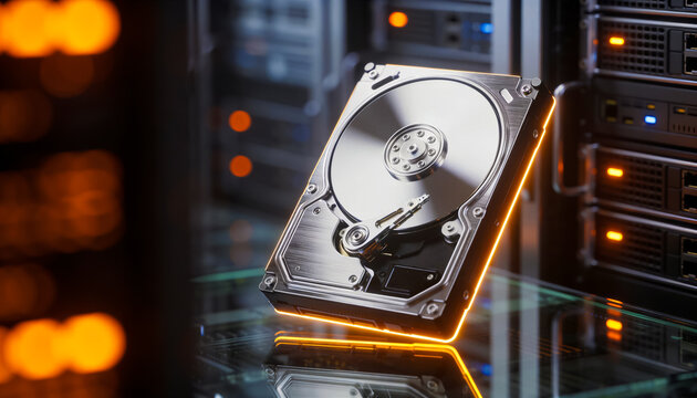 striking image of an HDD drive disassembled, the concept of using obsolete technologies due to rising prices and demand for solid-state drives