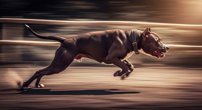 Powerful pit bull dog running at full speed with motion blur effect