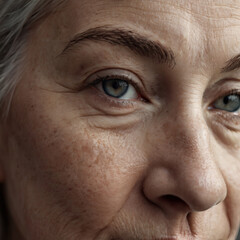 Close-up portrait of a mature woman with natural skin texture, wrinkles and expressive eyes