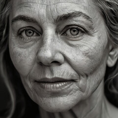 Close-up portrait of a mature woman with natural skin texture, wrinkles and expressive eyes