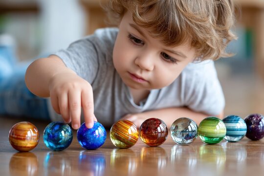 Child engages with colorful marbles on wooden floor during indoor playtime