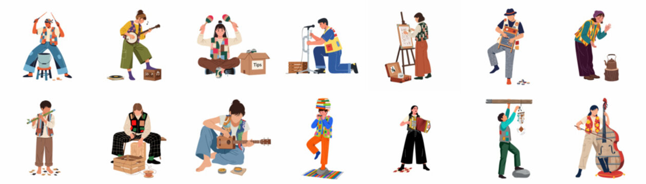 A diverse group of street performers and artists showcase their unique talents with handmade instruments and creative acts, entertaining and collecting tips.