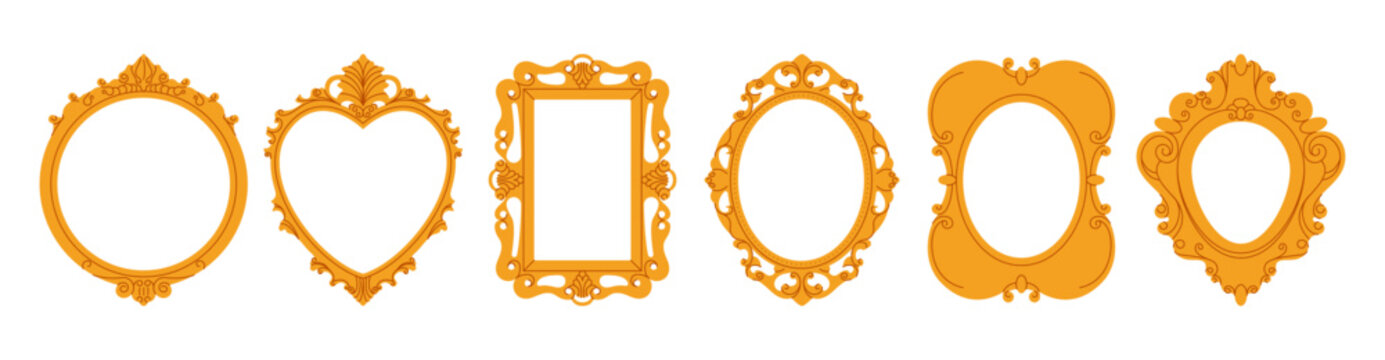 Vintage mirror frames. Old antique decorative borders, ornate baroque filigree picture frame silhouettes, cartoon elegant gold luxury interior elements. Vector isolated flat set