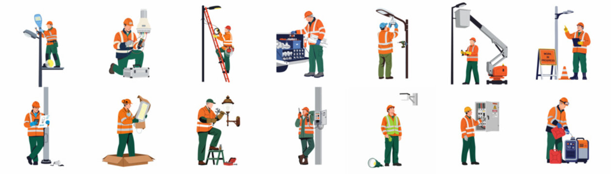 Street Light Installation and Maintenance Operations: A comprehensive set of workers performing electrical checks, repairs, and upgrades on urban lighting infrastructure.