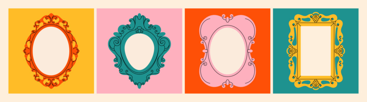 Vintage picture frames. Antique decorative mirrors and photo borders victorian retro style, cartoon flat modern geometric doodle ornate framed interior elements. Vector set