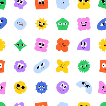 Geometric shape characters pattern. Seamless print of abstract cute blob faces smiling emojis, modern wallpaper organic geometry messy figures with facial emotions. Vector background