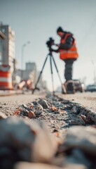 Naklejka premium Worker Documenting Cleared Area in Winter Cityscape with Camera