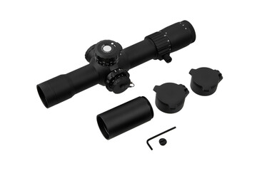 Professional black tactical rifle scope with adjustment turrets and accessories on white back © solidmaks