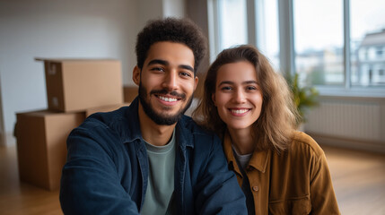 Obraz premium Happy faceless young couple in bright apartment with moving boxes large windows natural daylight light wooden floors white walls relocation excitement modern minimalist inter
