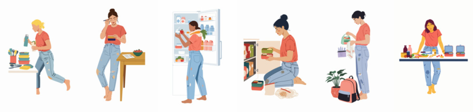 Women engaged in meal prepping, organizing healthy food into reusable containers for packed lunches, promoting sustainable and planned eating habits.
