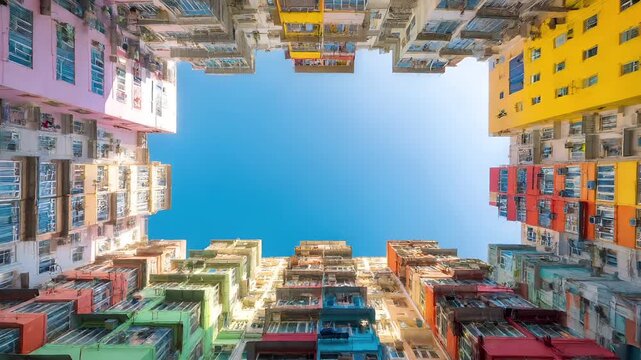 Real estate business market, house home building purchase sale. A vibrant urban scene of multistoried buildings in Hong Kong, captured in a highresolution photograph.