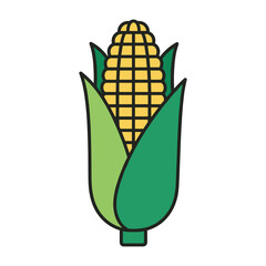 A stylized illustration of a single ear of corn with green husks and yellow kernels