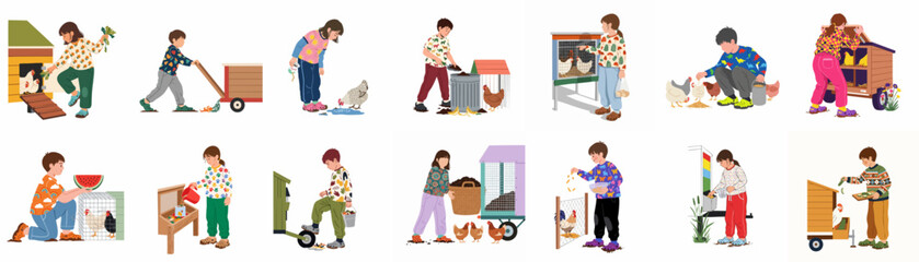 Children actively engage in farm life, caring for chickens through feeding, cleaning coops, and collecting eggs, fostering responsibility and connection with nature. © Ricardo