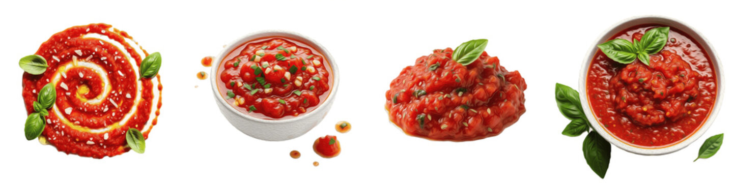 Tomato sauce and salsa isolated on white background set of marinara bowls with basil leaves red pizza sauce swirl and chunky ketchup dip collection png transparent