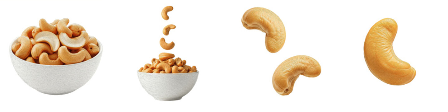 Cashew nuts isolated on white background roasted cashews in white bowl falling cashews set raw nut kernel healthy snack protein food ingredient png transparent