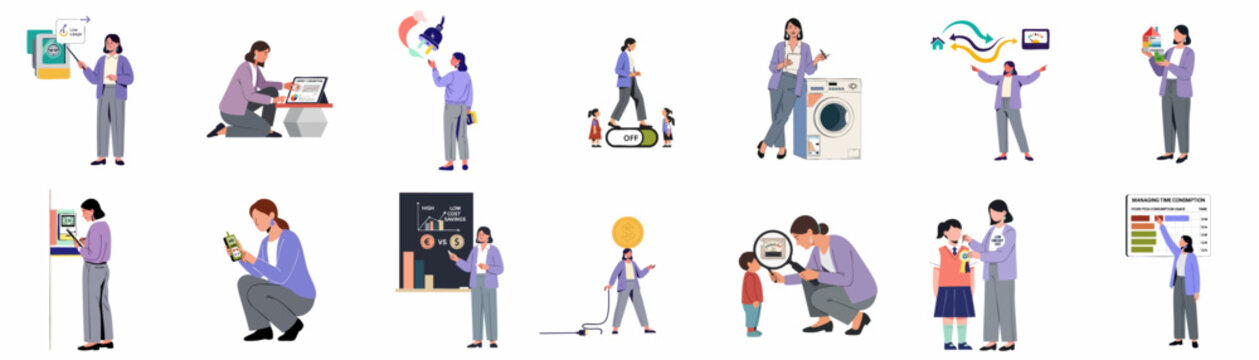 Energy Efficiency and Cost Savings Illustrations: Smart Home Management, Sustainable Living, and Financial Benefits through Conscious Consumption and Education.