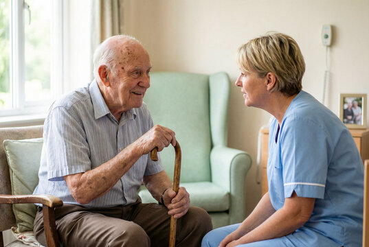 Elderly man talking with nurse at home while holding walking cane healthcare support and senior care concept