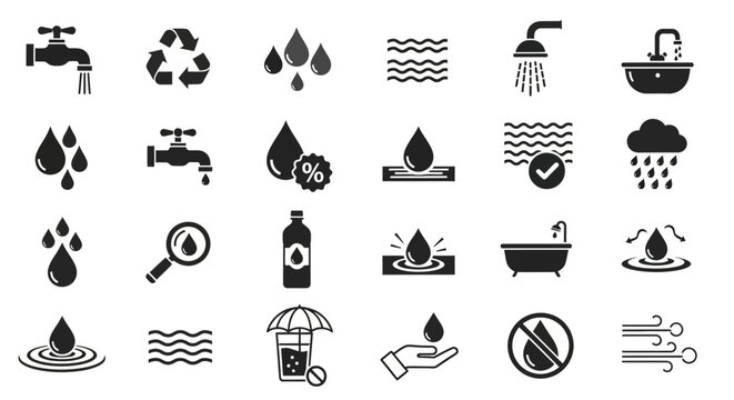 Collection of black icons representing various aspects of water usage and conservation on a plain white background viewed from a straightforward perspective