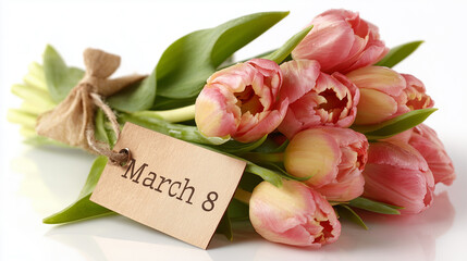 Fototapeta premium Pink tulip bouquet with tag for International Women's Day March 8 