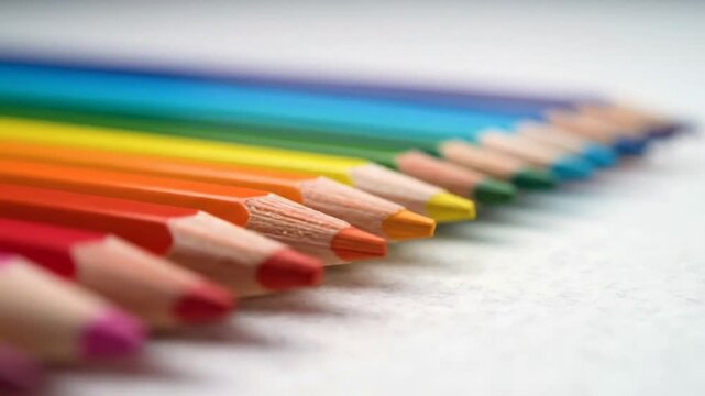 Colorful pencils arranged in a row on a white surface.