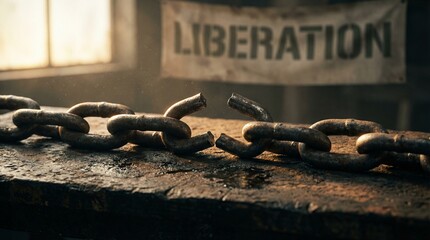 Broken chain symbolizing liberation with a banner in background