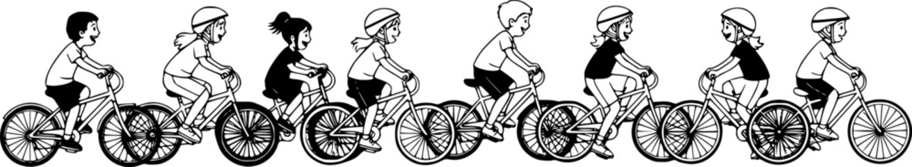Fototapeta premium Kids riding bicycles, children cycling silhouette, outdoor activity vector illustration, fun exercise concept, healthy lifestyle, family sports design, black silhouette artwork