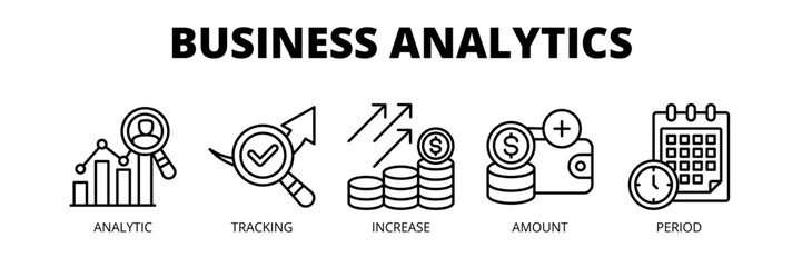 Business Analytics web banner icon vector illustration concept for data analysis with icons of analytics, tracking, growth metrics, financial data and reporting period.