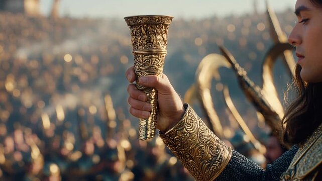 Medieval celebration: ornate chalice toast amidst historic gathering