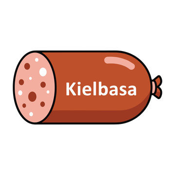 A stylized depiction of kielbasa sausage with a playful and cartoonish design
