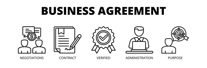 Business Agreement web banner icon vector illustration concept for corporate partnership management with icons of negotiations, contract signing, verification, administration and business purpose.