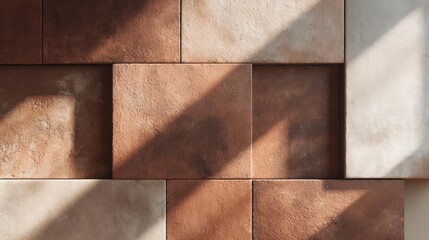 Fototapeta premium Close-up of a wall made up of square tiles. the tiles are arranged in a grid-like pattern, with each tile having a different color and texture.