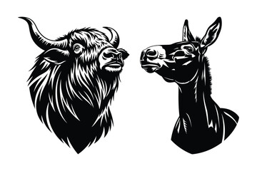 Bull and donkey heads illustration © Sadek