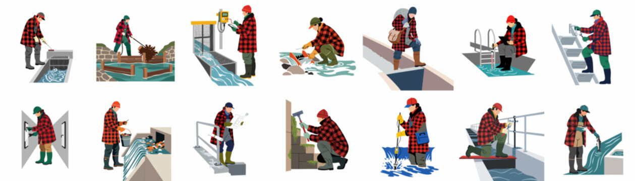 Water Management Professionals Performing Environmental Monitoring, Infrastructure Maintenance, and Aquatic Ecosystem Management Tasks in Various Settings.