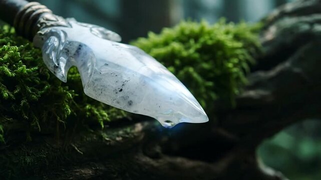 Ancient crystal arrowhead on a mossy tree branch in a forest.
