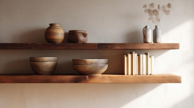 Two wooden shelves attached to a white wall. on the left shelf, there are three small ceramic pots and a vase with dried flowers in it.