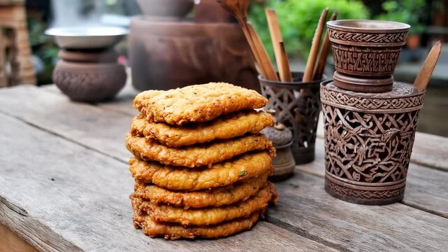 Stack of golden-brown, crispy snacks on a rustic wooden table