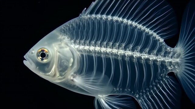 Translucent fish skeleton against a black background