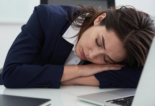 Gros plan d&rsquo;une femme d'affaires triste, endormie sur un bureau, veste de tailleur, cheveux &eacute;bouriff&eacute;s, larme sur la joue. Ambiance de stress et d&rsquo;&eacute;puisement professionnel.