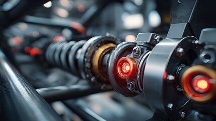Fototapeta premium Close-up of a high-performance racing car suspension system with glowing red accents
