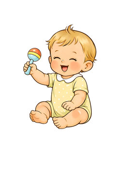 Gl&uuml;ckliches Baby sch&uuml;ttelt eine bunte Rassel
