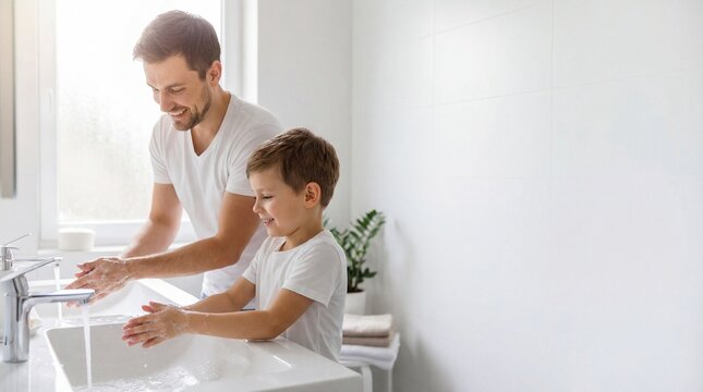 happy caucasian father and son washing hands in white bathroom. parent teaching kid hygiene and daily routine. health care, cleanliness concept. banner, website header with copy space.