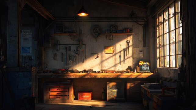 Sunlit workshop with tools and shadowed workbench in rustic setting