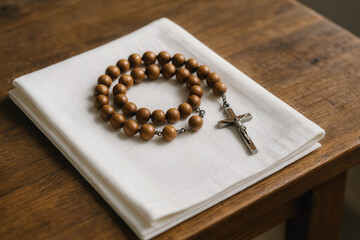Wooden rosary with crucifix resting on white cloth symbolizing prayer